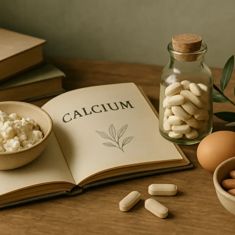 Calcium supplements and foods, including a glass jar of calcium tablets, eggs, almonds, and a bowl of cheese, placed on a wooden table next to an open book labeled "Calcium," emphasizing fitness, wellness, and healthy eating.