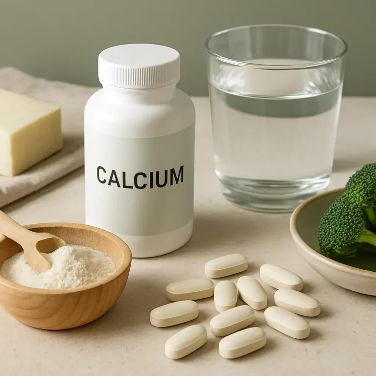 Calcium supplement bottle with tablets, powdered calcium in a wooden bowl, glass of water, broccoli, and cheese on a table, emphasizing health, wellness, and nutrition.