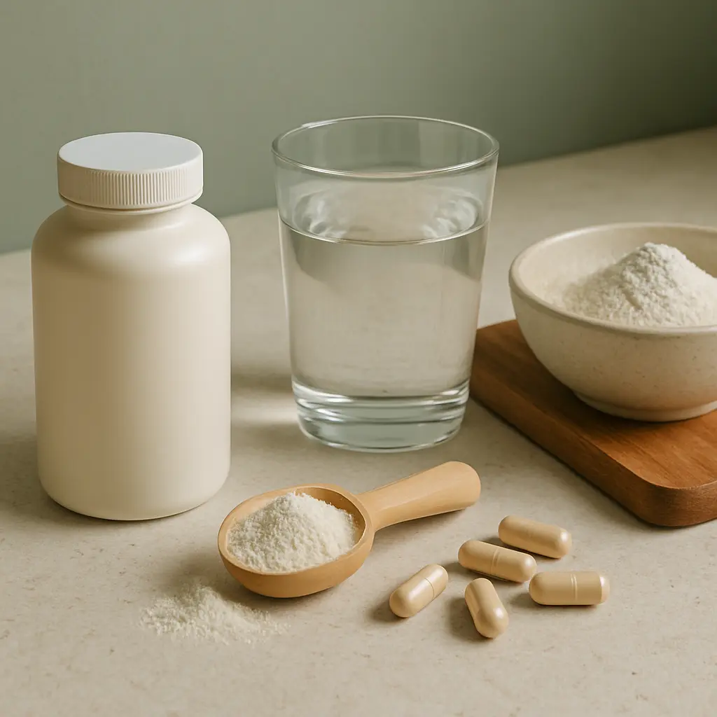 A bottle of dietary supplements, a glass of water, a bowl of protein powder, and several capsules on a table, representing vitamins, wellness, and healthy eating.
