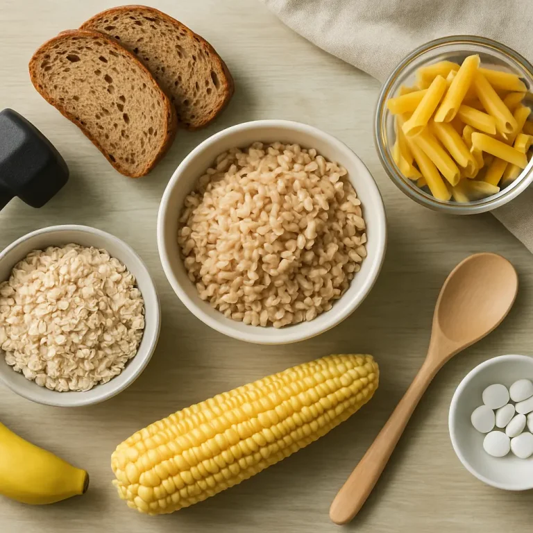 Healthy eating flat lay with a bowl of brown rice, whole grain bread, uncooked pasta, corn, oats, banana, and vitamin supplements beside a dumbbell, representing fitness and wellness.