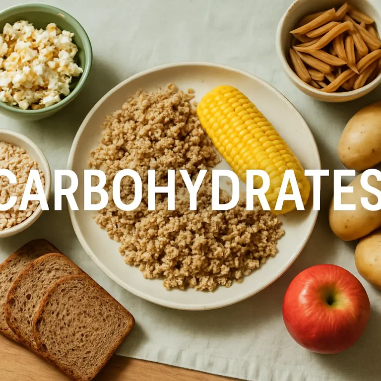 Plate with grains and a corn cob surrounded by various carbohydrate-rich foods like an apple, pasta, rice cakes, brown bread, and potatoes, emphasizing healthy eating and fitness energy sources.