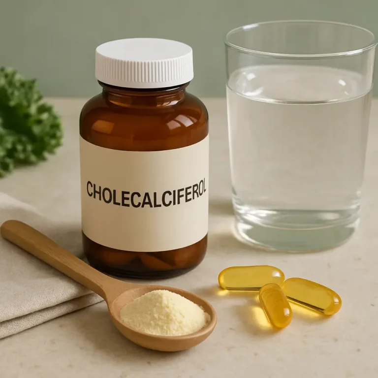 Vitamin D supplement bottle labeled 'Cholecalciferol' next to a wooden spoon with powder, three yellow capsules, and a glass of water, promoting wellness and healthy eating.