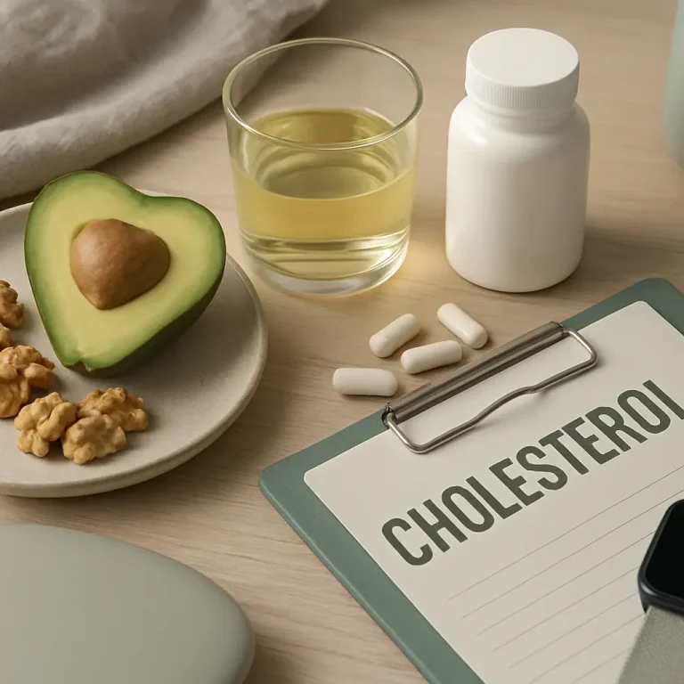 Healthy eating concept with avocado, walnuts, a glass of oil, a supplement bottle, pills, and a clipboard labeled 'Cholesterol' on a wooden table, emphasizing wellness and fitness.