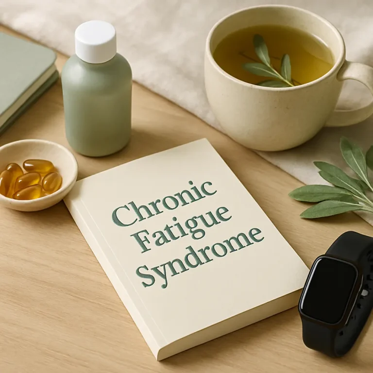Book titled 'Chronic Fatigue Syndrome' surrounded by vitamins, supplements, a green tea cup, and a fitness watch, emphasizing wellness and healthy lifestyle.