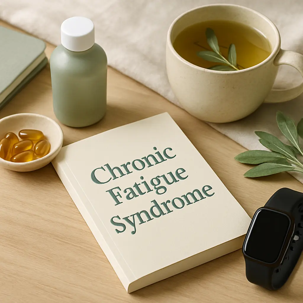 Book titled 'Chronic Fatigue Syndrome' surrounded by vitamins, supplements, a green tea cup, and a fitness watch, emphasizing wellness and healthy lifestyle.