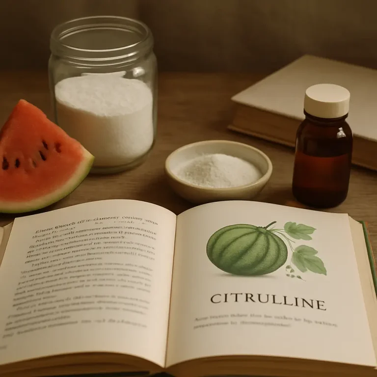 Book open to a page about citrulline, with a watermelon illustration; nearby are jars and bowls of citrulline powder, a watermelon slice, and a bottle, symbolizing supplements, wellness, and healthy eating.