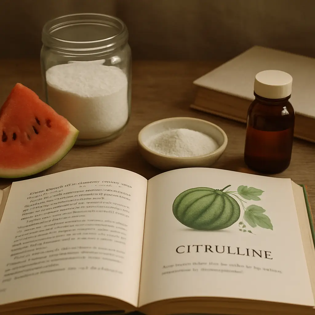 Book open to a page about citrulline, with a watermelon illustration; nearby are jars and bowls of citrulline powder, a watermelon slice, and a bottle, symbolizing supplements, wellness, and healthy eating.