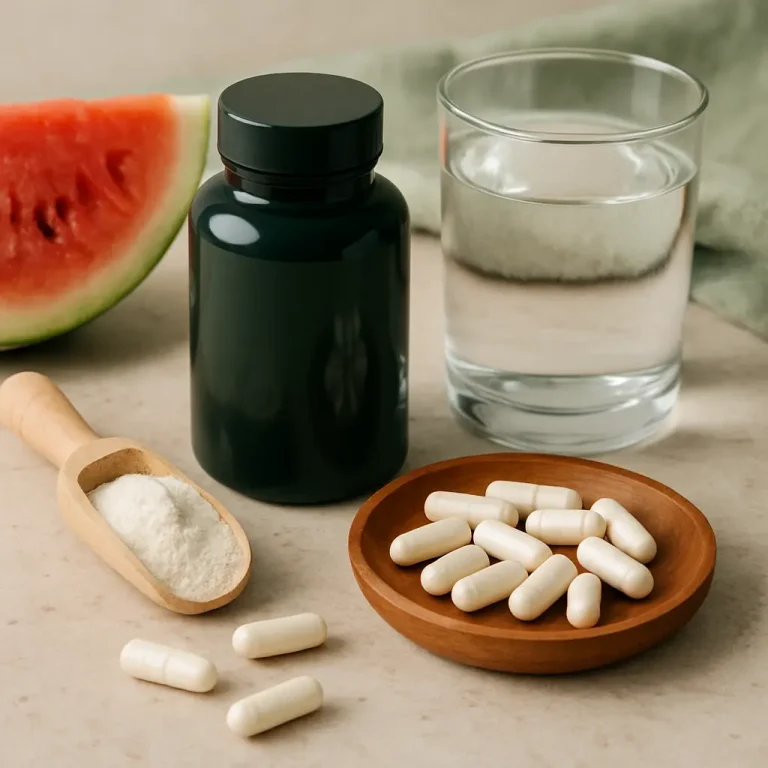 Vitamins and supplements on a table with white capsules in a wooden dish, a glass of water, a scoop of white powder, and a slice of watermelon, promoting fitness and healthy eating.