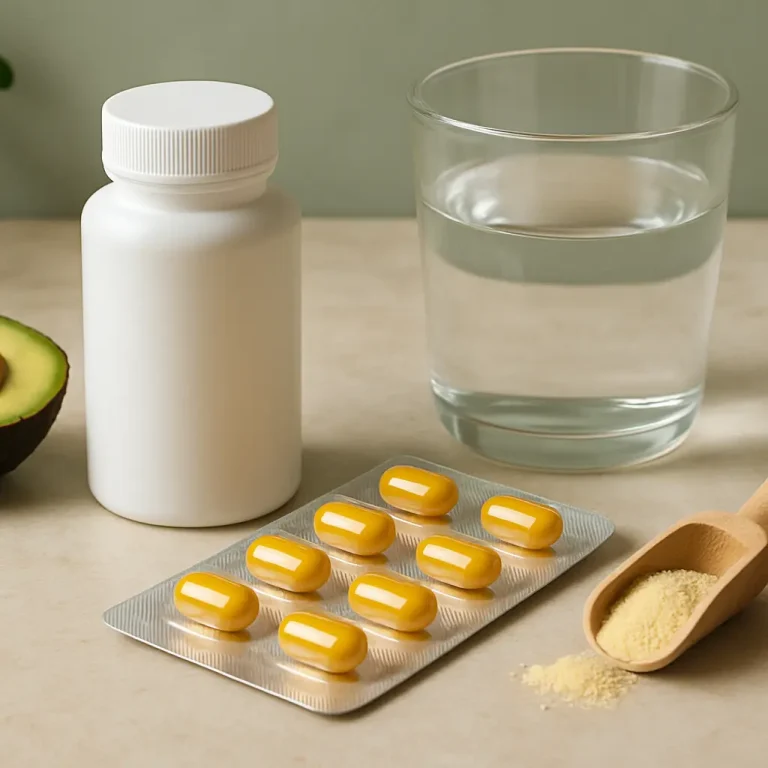 Vitamin supplements and wellness essentials, including a pill bottle, yellow capsules, a glass of water, an avocado, and a scoop of powdered supplement, highlighting healthy eating and fitness.