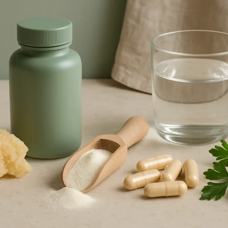 A green supplement bottle next to a glass of water, a wooden scoop with powder, several capsules, and fresh parsley, highlighting wellness and healthy eating themes.