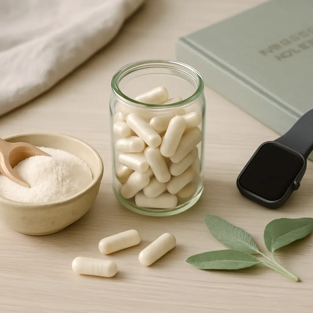 Glass jar of white supplement capsules next to a bowl of powder and a smartwatch on a light wooden surface, emphasizing vitamins, fitness, and wellness.