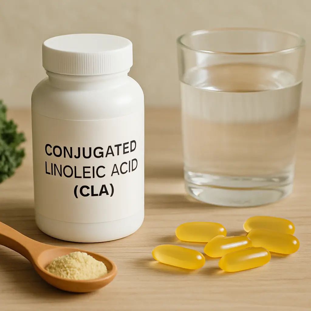 Conjugated Linoleic Acid (CLA) supplement bottle next to yellow capsules, protein powder in a wooden spoon, and a glass of water on a wooden table, promoting wellness, fitness, and healthy eating.