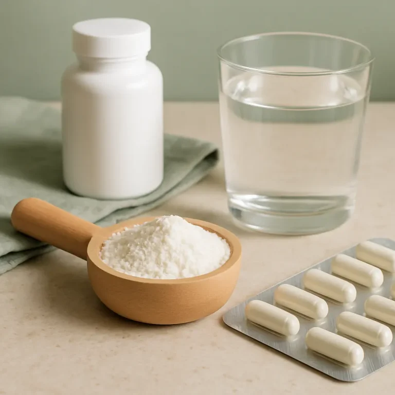 A collection of health supplements including a white bottle, a wooden scoop of powder, blister pack capsules, and a glass of water, representing vitamins, fitness, and wellness.