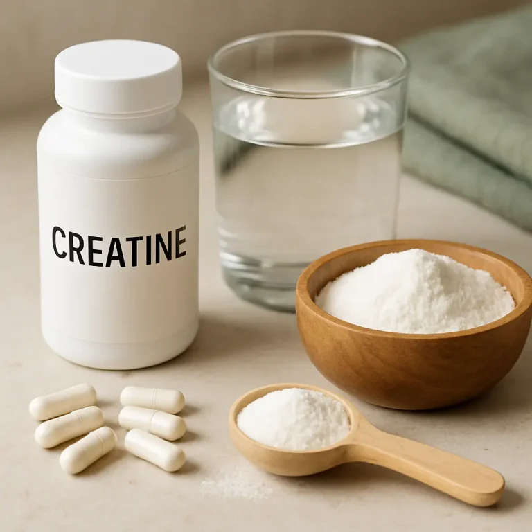 Creatine supplement in a bottle, with powder in a bowl and capsules on a table, promoting fitness and wellness essentials.