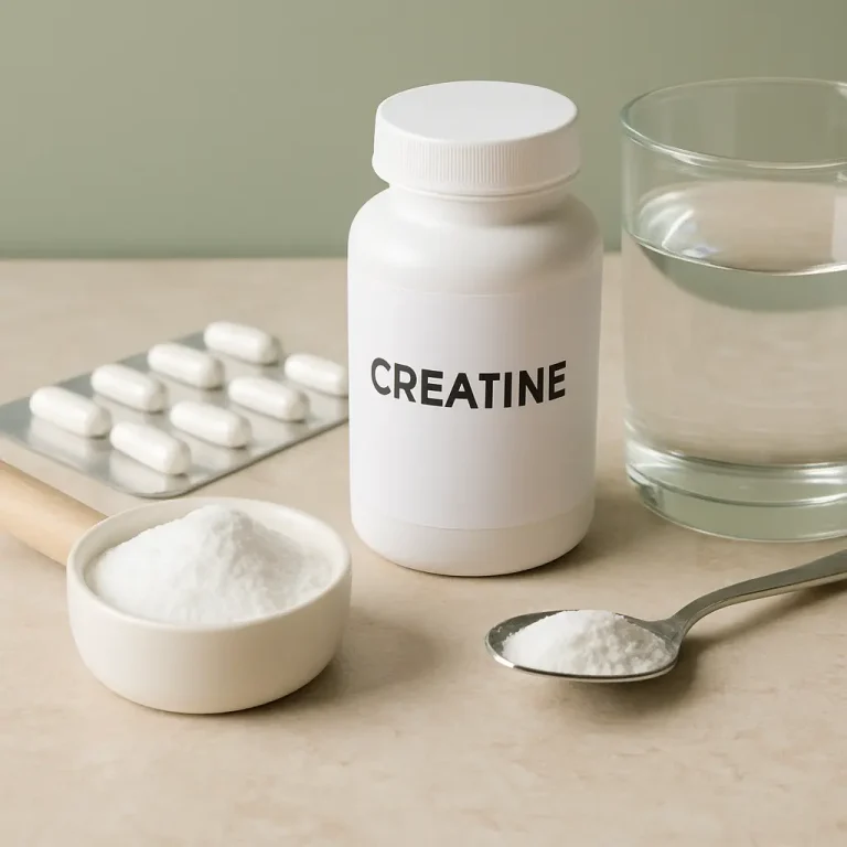 Creatine supplement container, tablets, and powder in a scoop next to a glass of water, symbolizing fitness and wellness routines.