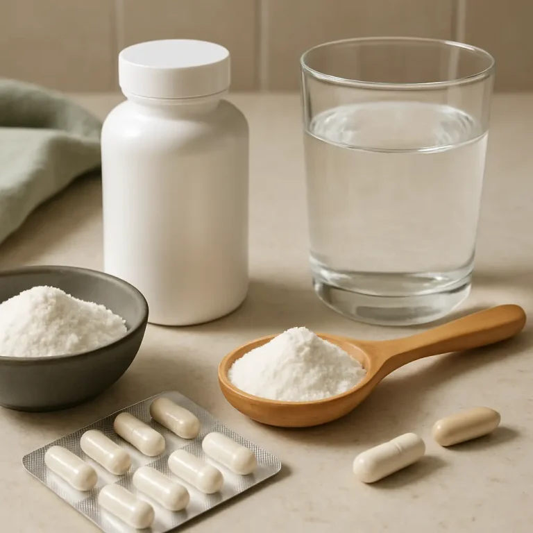 Tabletop with a bottle of dietary supplements, a glass of water, white capsules, and powder in bowls, representing wellness, vitamins, and fitness nutrition.