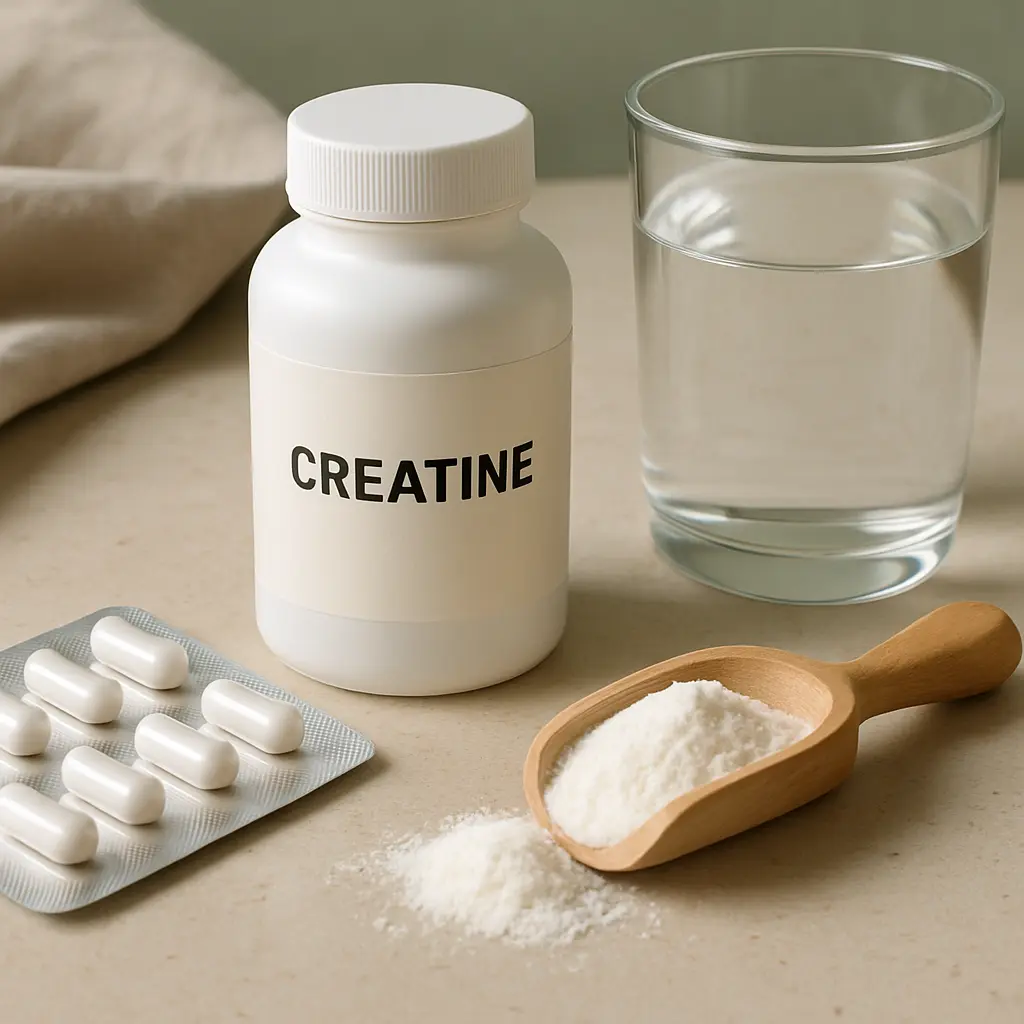 Creatine supplement bottle with capsules, powder in a wooden scoop, and a glass of water, emphasizing fitness, wellness, and muscle health.