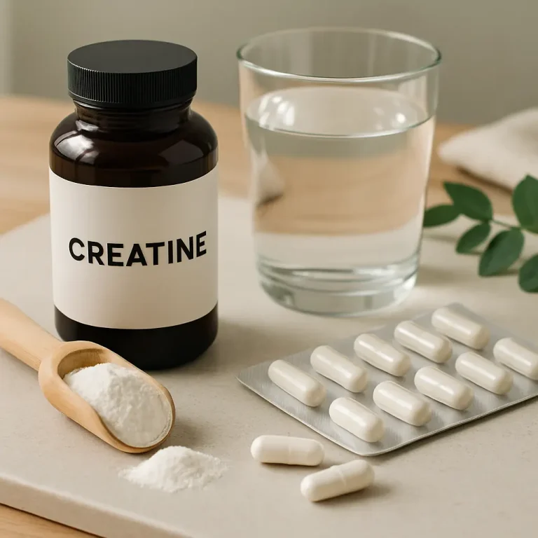 Creatine supplement bottle, powder scoop, capsules, and a glass of water, symbolizing fitness and wellness.