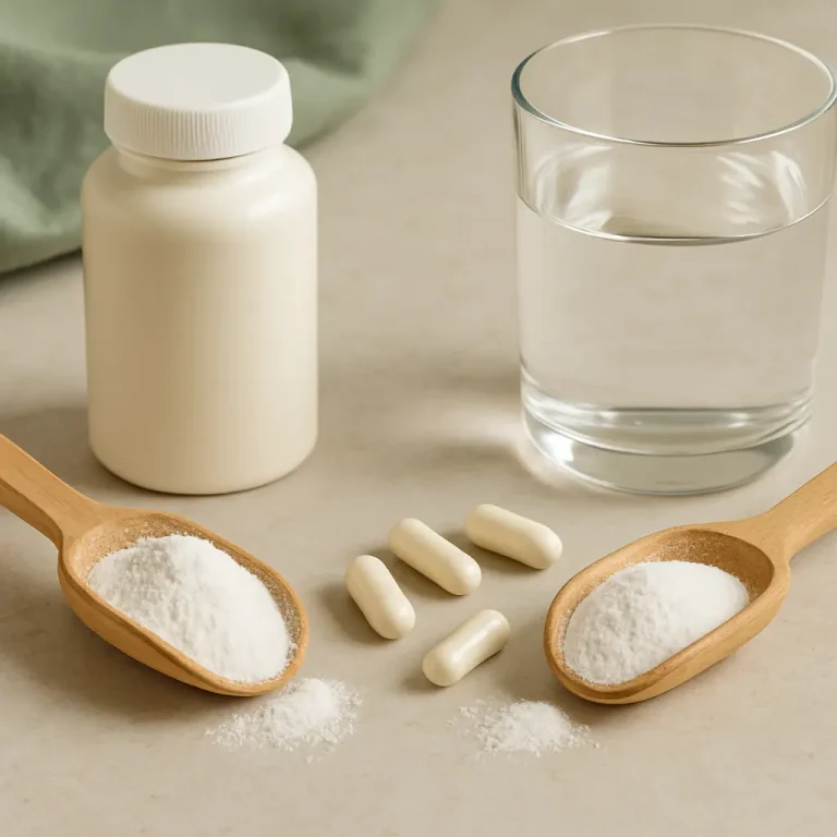 Wooden spoons with white powder, vitamin capsules, a supplement bottle, and a glass of water, emphasizing wellness and healthy living.