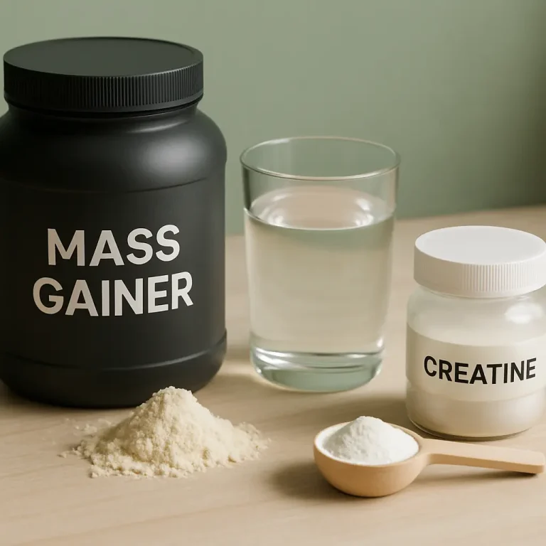 Black mass gainer supplement tub and white creatine container with powders and glass of water, ideal for fitness, muscle growth, and wellness products.