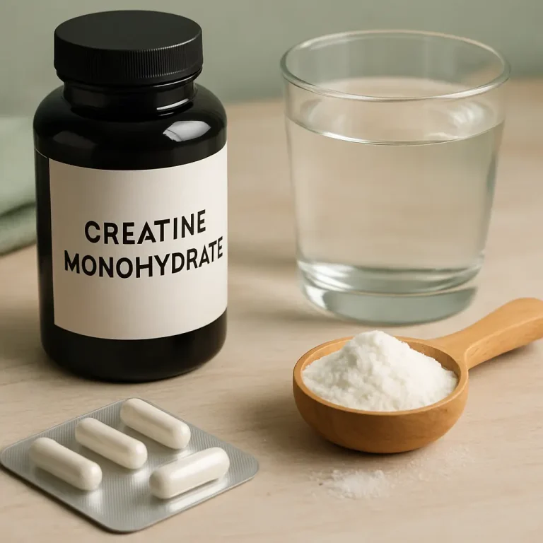 Creatine monohydrate supplement jar beside capsules, powder in a wooden scoop, and a glass of water, promoting fitness and wellness.