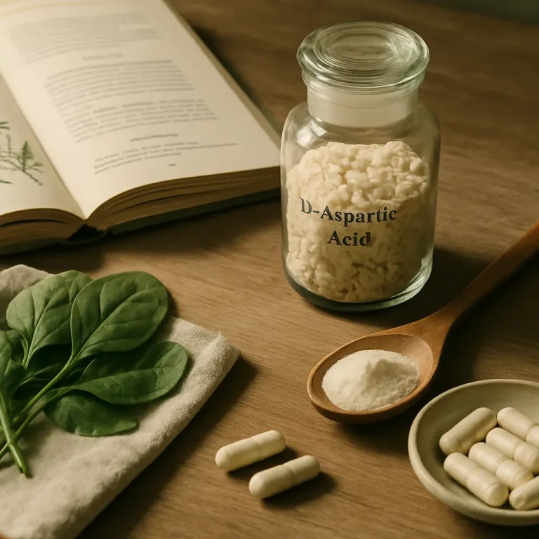 D-Aspartic Acid supplements in a jar with spinach leaves, powder in a spoon, capsules, and an open book in a wellness and healthy eating setting.