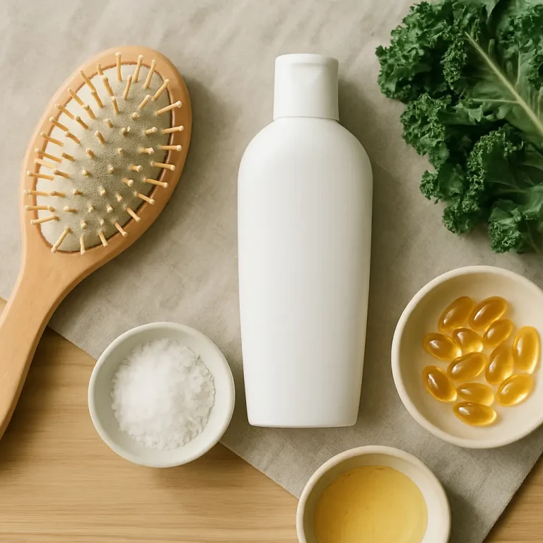 A wellness-focused arrangement featuring a wooden brush, vitamin supplements, a bottle, sea salt, and kale on a wooden surface, emphasizing fitness and healthy lifestyle choices.