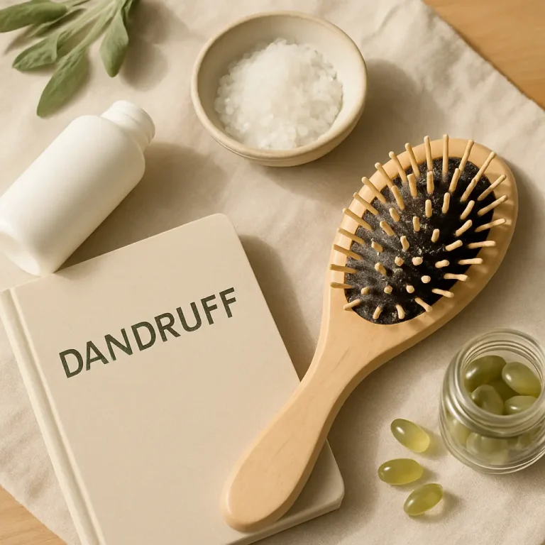 A wooden hairbrush, a bowl of salt, a bottle labeled 'Dandruff', and a jar with green dietary supplements are arranged on a beige cloth, symbolizing wellness and hair care solutions.