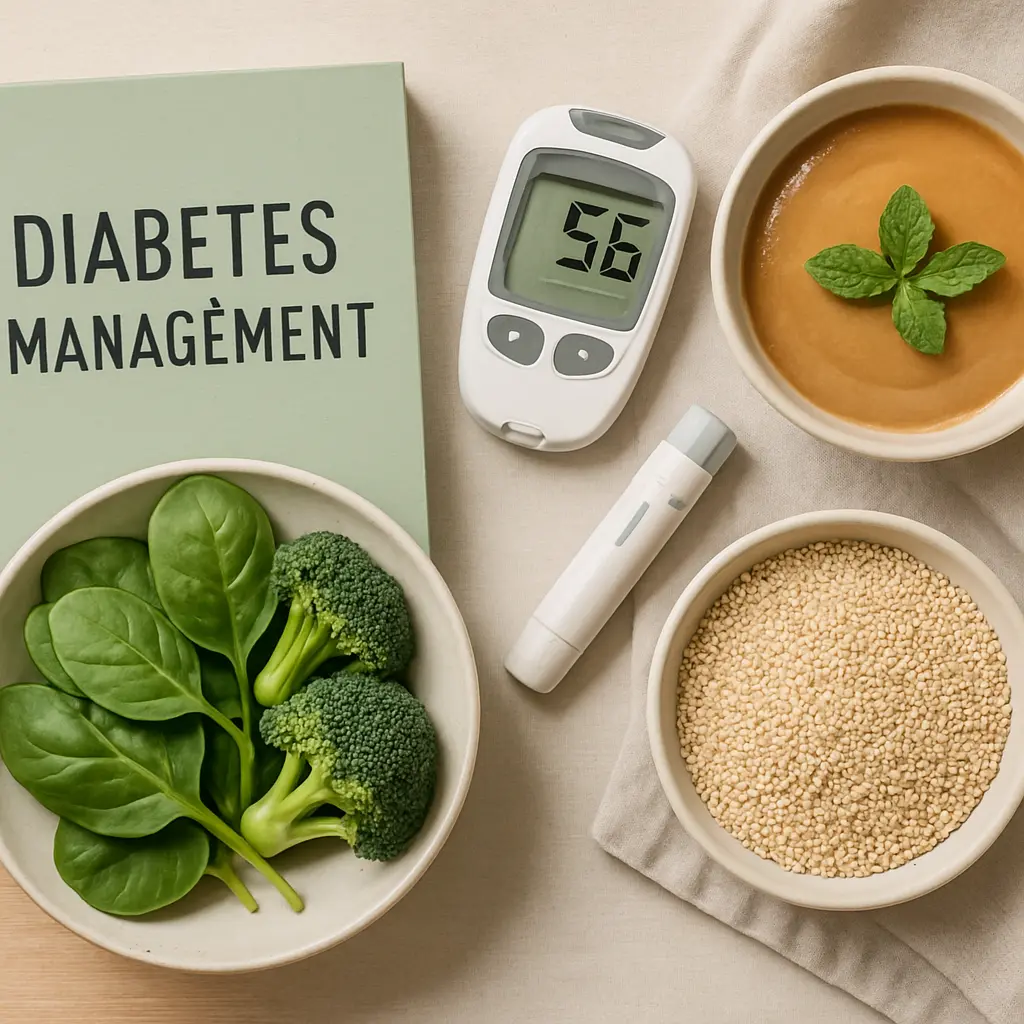 Diabetes management tools including a glucometer showing 56, a plate of spinach and broccoli, a bowl of quinoa, and a bowl of soup topped with mint, emphasizing healthy eating and wellness.