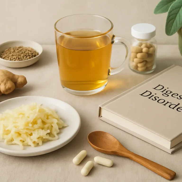 A wellness setup featuring a mug of herbal tea, a plate of fermented cabbage, a bottle of supplement capsules, fresh ginger, a small bowl of seeds, and a book titled 'Digestive Disorders' on a beige surface, emphasizing healthy eating and digestive health.