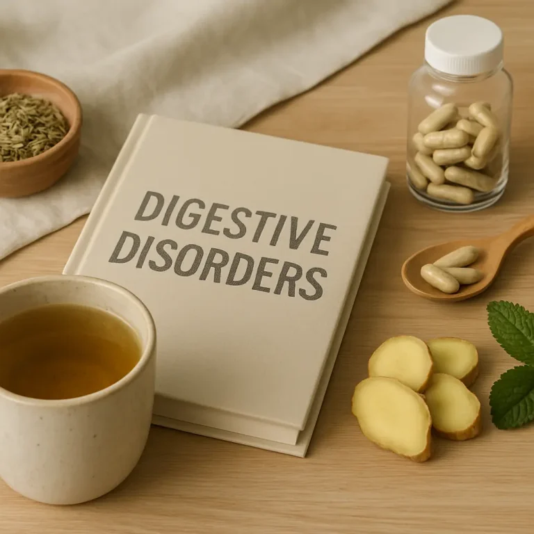 A book titled 'Digestive Disorders' on a wooden table with a cup of herbal tea, a jar of supplement capsules, sliced ginger, fennel seeds, and mint leaves, highlighting digestive wellness and healthy eating.