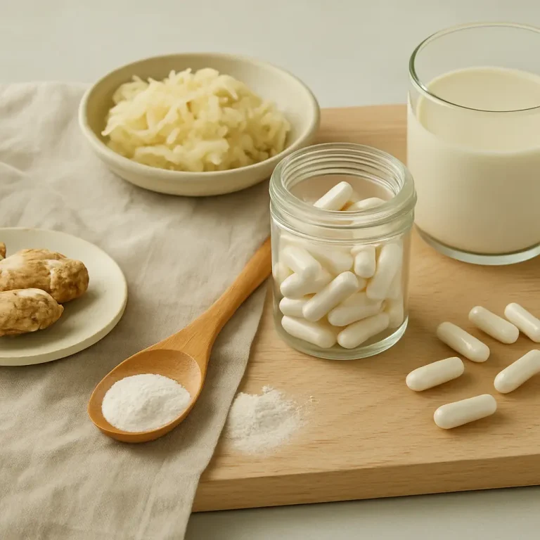 Glass jar of white capsules representing supplements sits on a wooden board beside a glass of milk, grated ginger, and a spoonful of white powder, symbolizing healthy eating, vitamins, and wellness.