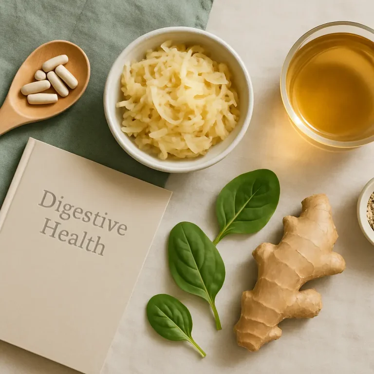 Arrangement of wellness items including a booklet titled 'Digestive Health,' ginger root, spinach leaves, a bowl of grated vegetables, a glass of herbal tea, and a spoon with supplement pills, promoting digestive health and fitness.