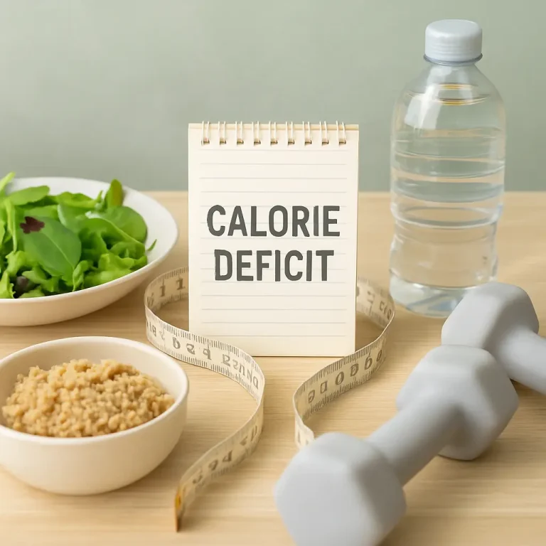 Notepad with 'Calorie Deficit' text, surrounded by a bowl of salad, oatmeal, a water bottle, and dumbbells, symbolizing fitness and healthy eating.