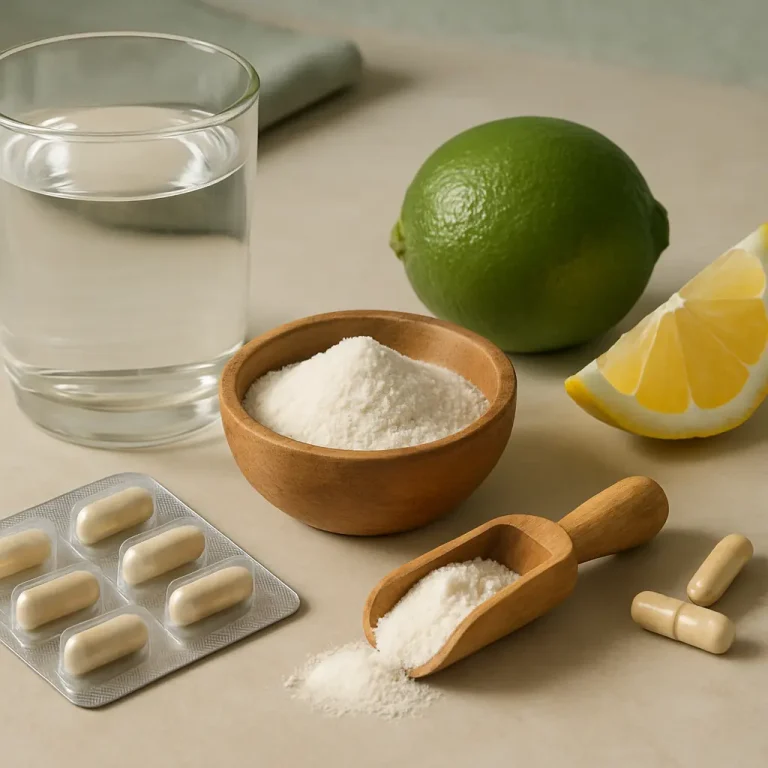 A glass of water, a bowl of white powder, a lime, lemon slice, and capsule supplements arranged on a table, representing vitamins, healthy eating, and fitness wellness.