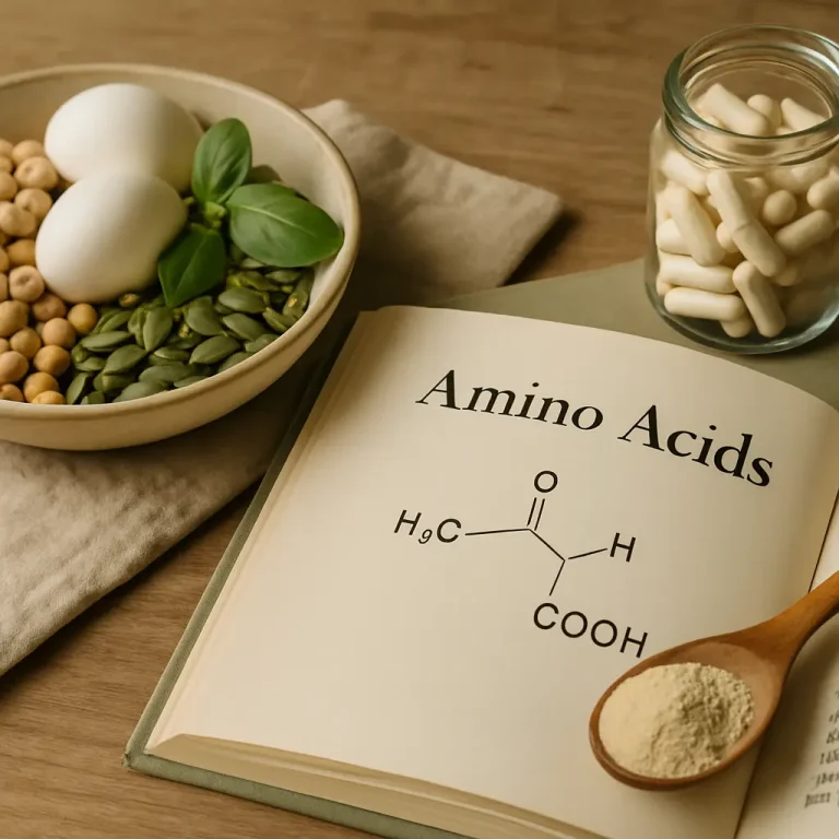 A book open to a page about amino acids, surrounded by a bowl of eggs, chickpeas, pumpkin seeds, fresh basil, and a jar of supplement capsules, emphasizing nutrition, wellness, and healthy eating.