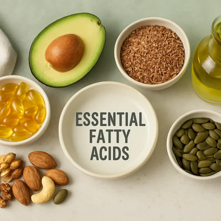 Arrangement of foods rich in essential fatty acids, including avocado, flax seeds, nuts, seed oil, and supplements, promoting fitness, wellness, and healthy eating.