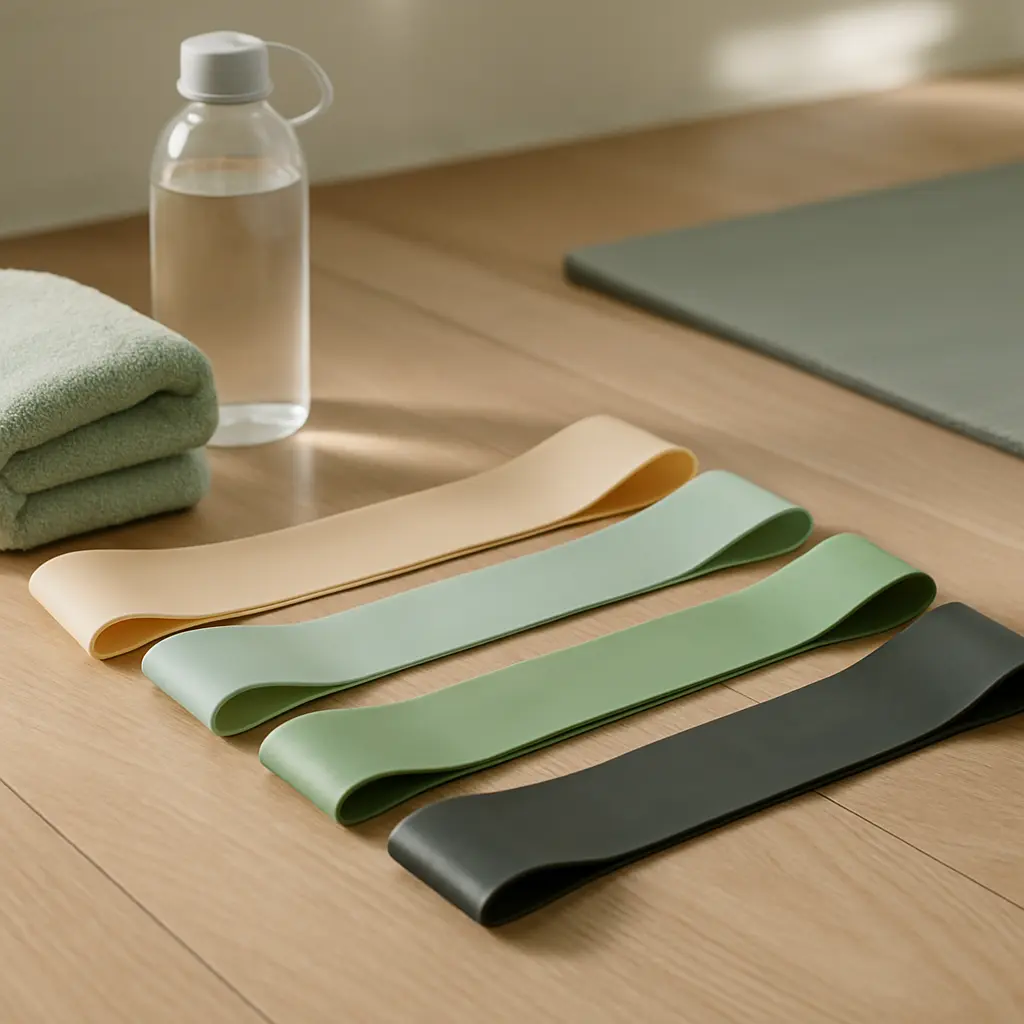 Set of pastel-colored resistance bands with a water bottle and towel, ideal for fitness, wellness, and exercise routines, promoting healthy living and physical activity.