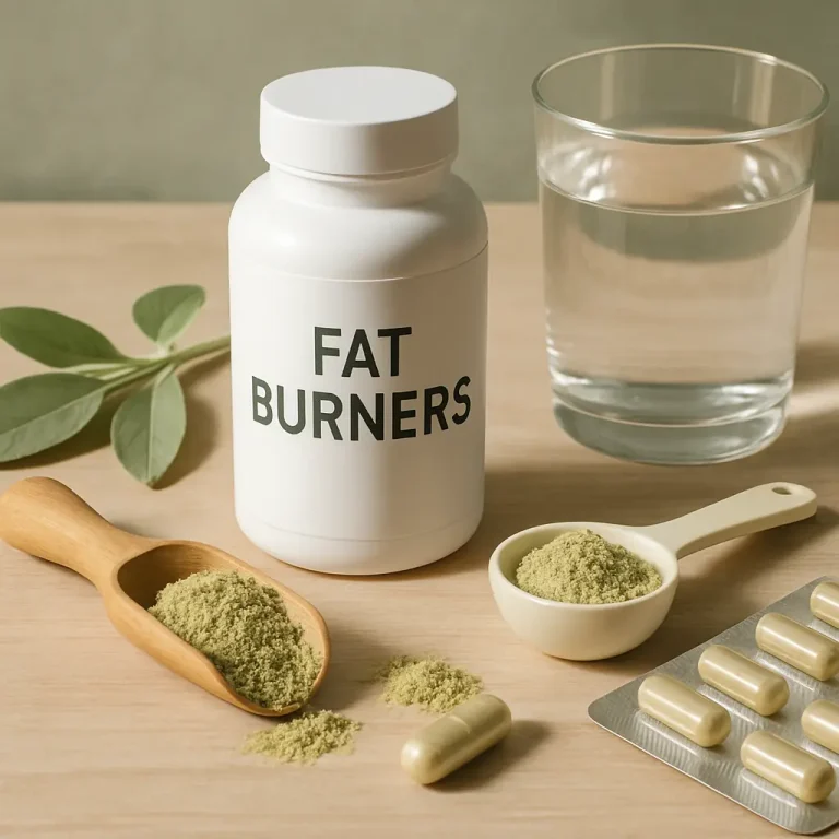 Fat burner supplement bottle with measuring spoon, capsules, powder, and a glass of water, emphasizing weight loss, fitness, and wellness.