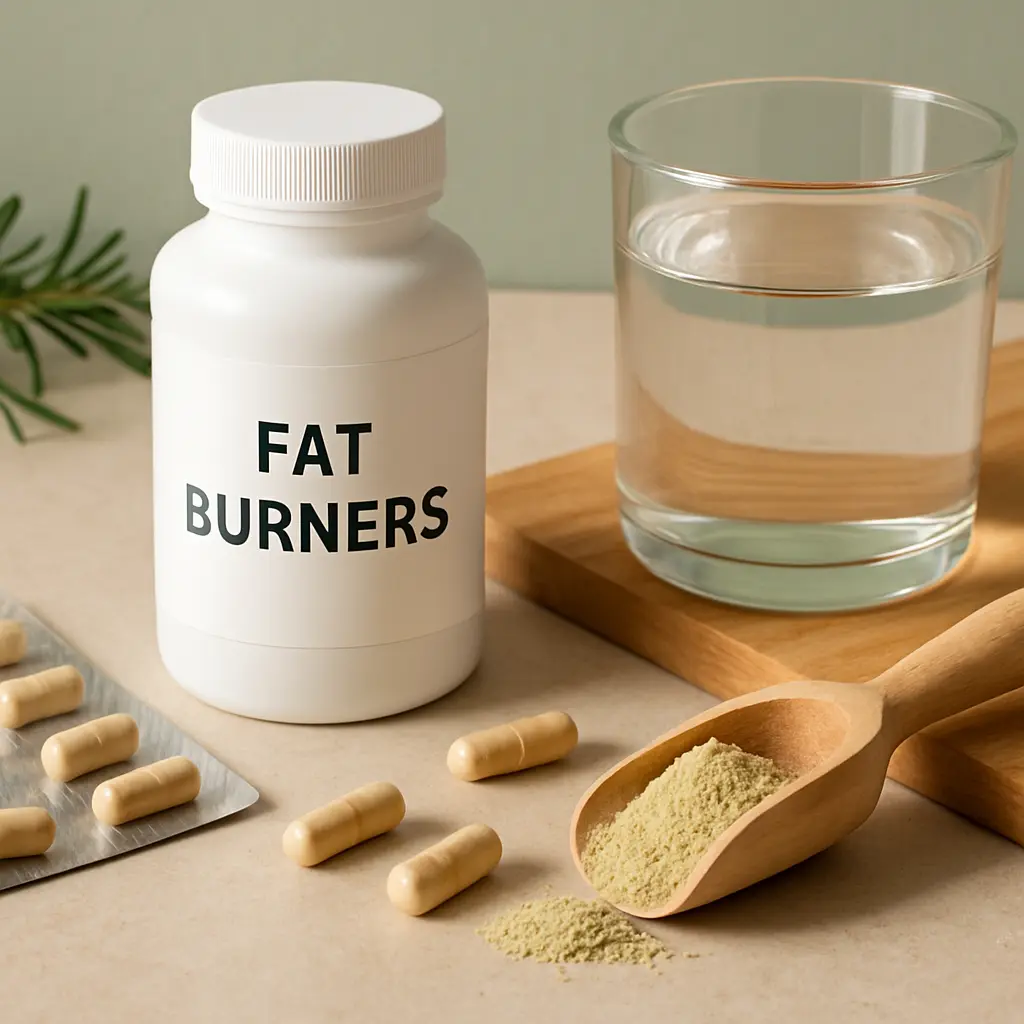 Fat burner supplement bottle with capsules, powder, and a glass of water, highlighting fitness and wellness support.