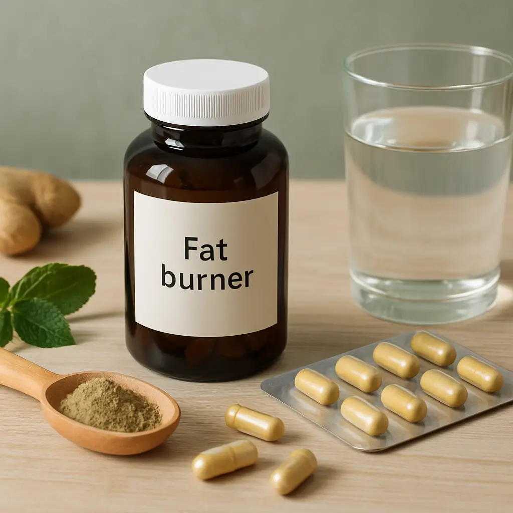 Fat burner supplement bottle with capsules, a glass of water, ginger, and powder, emphasizing fitness, wellness, and healthy eating.