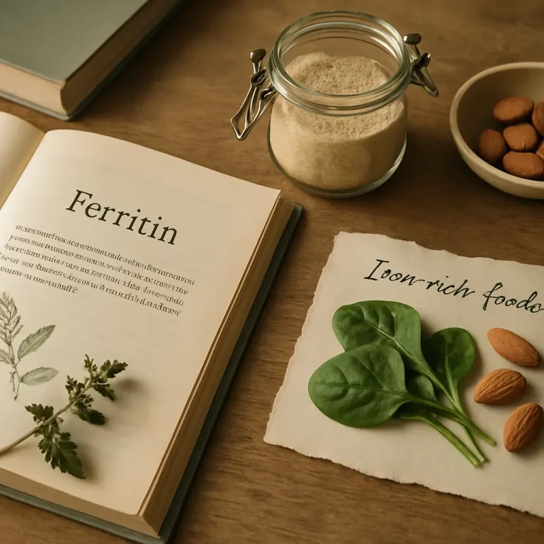 A flat lay of wellness essentials with a book open to a section titled 'Ferritin,' a jar of powdered supplement, almonds, and spinach labeled as 'iron-rich foods,' promoting healthy eating and fitness.