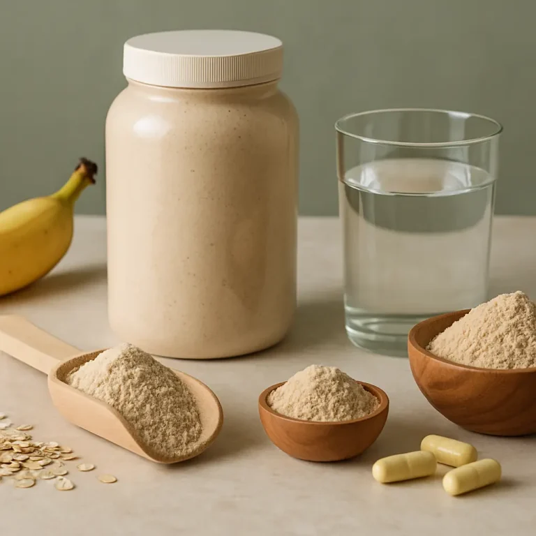 Supplements and fitness essentials featuring a large jar of protein powder, oats, a banana, glass of water, scoop and bowl of powder, and vitamin capsules for wellness and healthy eating.