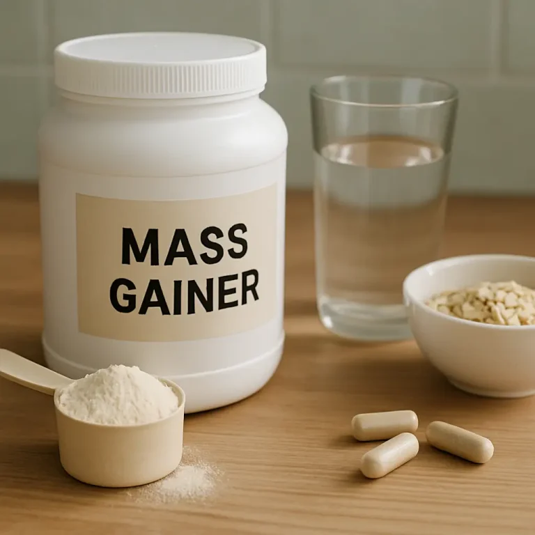 Mass gainer supplement container with a scoop of powder, a bowl of oats, capsules, and a glass of water, emphasizing fitness and healthy eating.