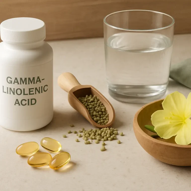 Gamma-linolenic acid supplements with capsules, seeds in a scoop, a glass of water, and a flower, promoting health and wellness.