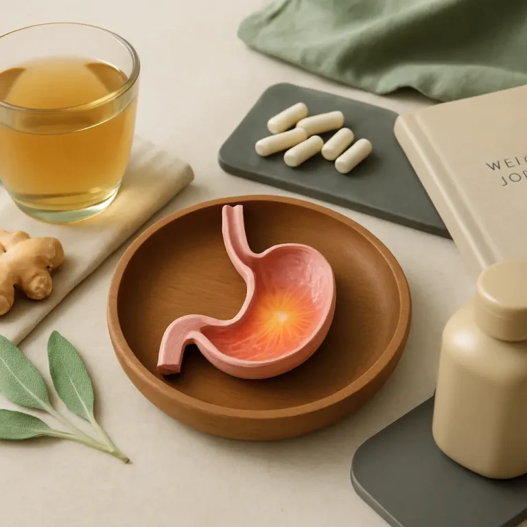 A flat lay of wellness items: ginger, sage leaves, tea in a glass, capsules, a weight loss journal, a bottle, and a stomach model symbolize digestive health and supplements.