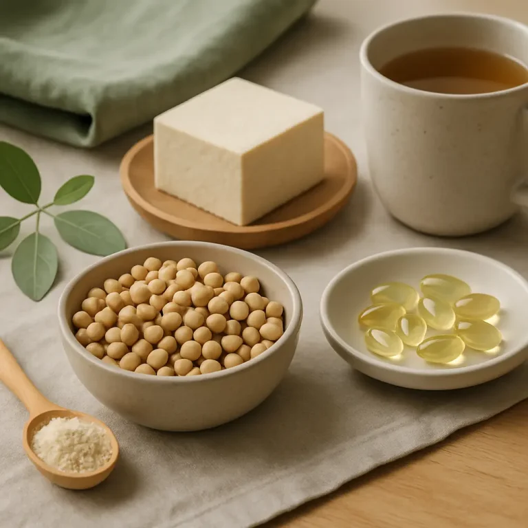 A healthy eating setup with soybeans, tofu, vitamin capsules, a spoon of protein powder, and a cup of tea, showcasing ingredients for wellness, fitness, and nutritional supplements.