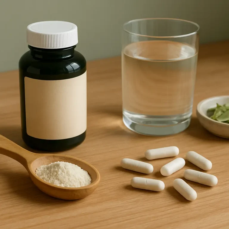 Green supplement bottle beside white capsules, a wooden spoon with powder, a glass of water, and a bowl of green leaves on a wooden surface, illustrating concepts of vitamins, fitness, wellness, and healthy eating.