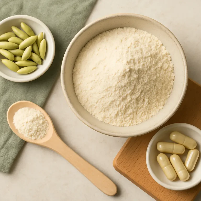 Bowl of protein powder with capsules and green supplements, promoting vitamins and healthy eating for fitness and wellness.
