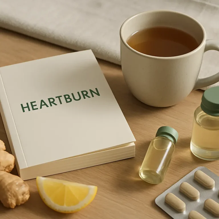 Book titled 'Heartburn' next to a cup of tea, ginger, lemon slice, supplement pills, and bottles on a wooden table, emphasizing vitamins, healthy eating, and wellness.